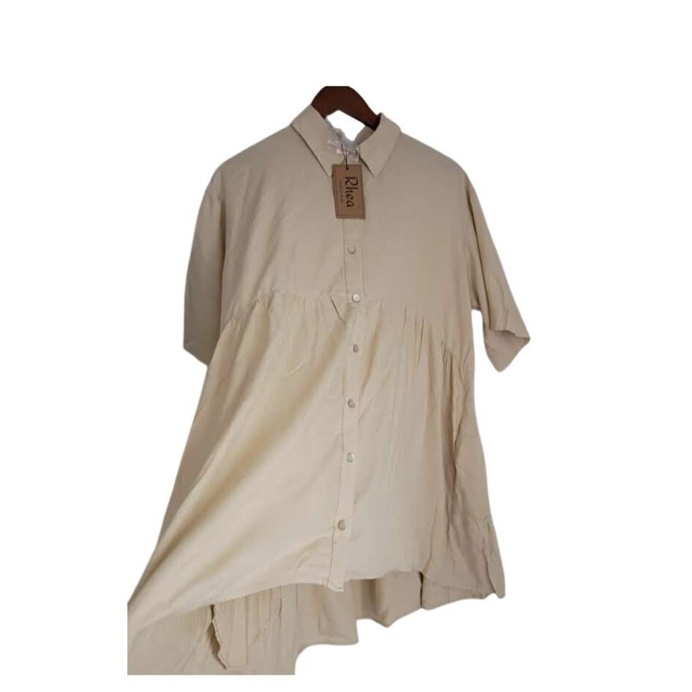 NWT RHEA Tan Tiered Babydoll Mini Dress L/XL Oversized Boho Viscose Short Sleeve - Picture 3 of 12